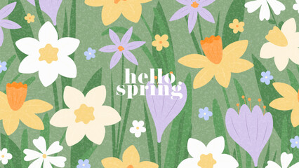 Cheerful spring greeting card. Vector banner with blooming wildflowers. Crocuses, daisies, and narcissus in trendy design on green background. Seasonal card, branding, cover and spring advertising. © Yaran