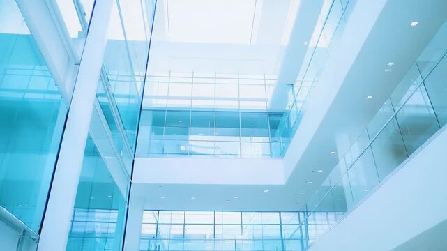 Clean geometry and bright blue tones create a spacious, minimalist corporate environment within a contemporary building atrium featuring multiple levels and glass walls