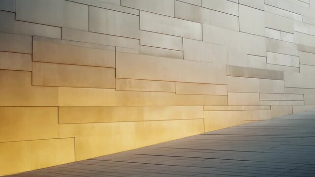 Modern architecture building facade showcases an intricate pattern of rectangular metal panels, creating a flowing linear design and textured surface with contemporary style