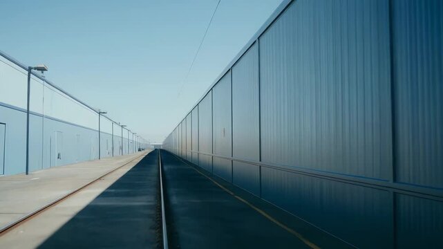 Long railroad tracks stretching into the distance between two expansive industrial buildings featuring minimalist blue corrugated walls under a clear sky, conveying urban progress and development