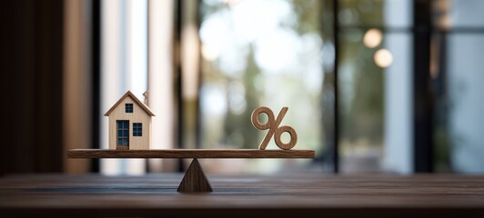 Obraz premium The house and percentage symbol balanced on wooden seesaw representing mortgage interest rates