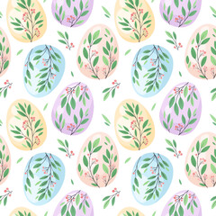 Materiał do szycia Easter seamless pattern with eggs and twigs, floral and botanical elements in flat style