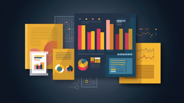 Colorful Data Visualization with Charts and Graphs on Dark Background for Business and Marketing Analysis
