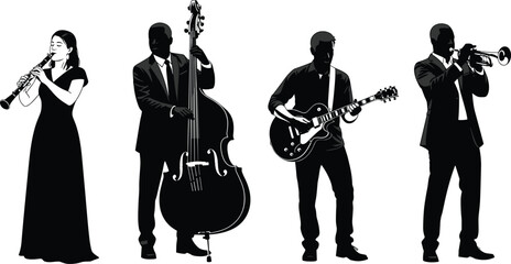 Black and white jazz band silhouette set with musicians playing trumpet double bass guitar and clarinet for live music vector © MDNASIR