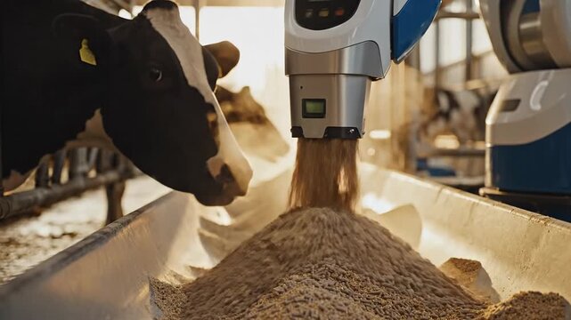 Automated robotic feeder dispensing grain to Holstein cow in modern farm setting