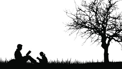 Black Silhouette of Father and Daughter Sitting on Grass Reading Books Together Under Large Bare Tree at Sunset in Peaceful Outdoor Nature Park
