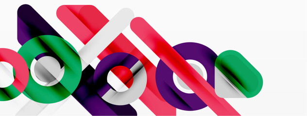 Fototapeta premium Abstract geometric shapes overlap, creating dynamic colorful composition. Lines, curves, circles form modern design elements.