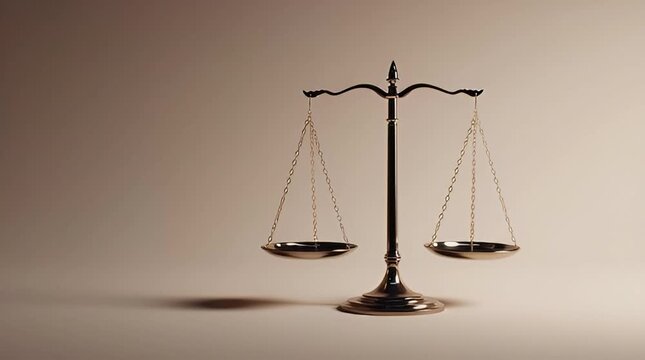 A balanced scale sits on a surface in a neutral environment