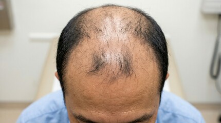 Top down view of an adult man showing significant hair thinning and balding on the scalp with visible hair follicles in a medical clinical setting