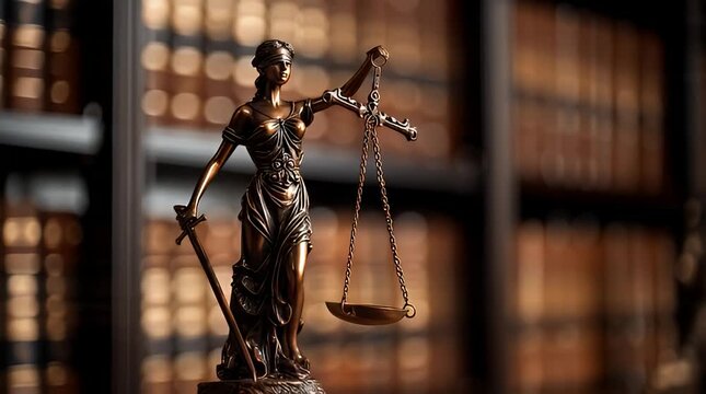 The statue of justice stands in a law library holding scales and sword.