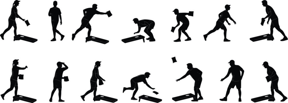 Silhouettes of People Playing Cornhole Game in Various Poses on White Background vector illustration