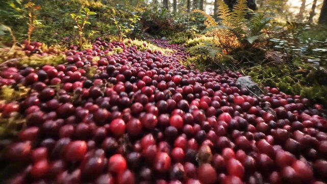 Abundant Wild Cranberries Creating a Vibrant Red Carpet on Lush Mossy Forest Floor During Autumn Harvest