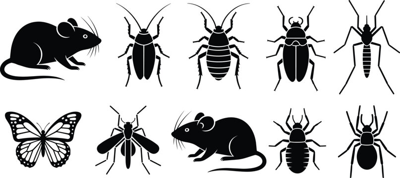 Pest Control Silhouette Set with Mouse Cockroach Mosquito Spider and Butterfly Icons Isolated on White