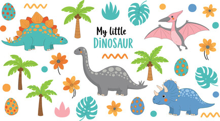 Cute Dinosaur Vector Collection with Brachiosaurus Triceratops Pterodactyl and Tropical Palm Trees Isolated on White © MdJillur