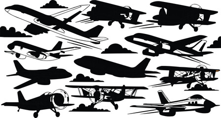 The image features a collection of airplane silhouettes set against a clean white background, creating a striking visual contrast. The variety of aircraft depicted includes biplanes, single-engine pro © Meshkat