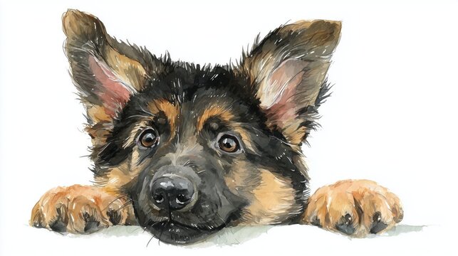Watercolor painting of a cute german shepherd puppy peeking with paws and head
