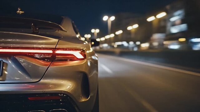 Modern car driving on city street at night with illuminated taillights and motion blur