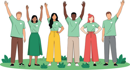 Fototapeta premium Diverse Group of Volunteers Standing Together and Raising Hands in Unity for Charity Community Support and Social Impact