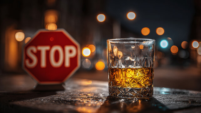 Glass of alcohol beside a stop sign, symbolizing the decision to stop drinking.