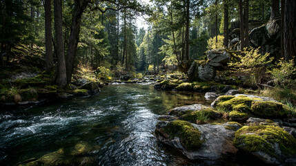 Obraz premium Forest creek with moss-covered rocks, flowing water, sunlight filtering through trees, emphasizing textures, motion, and tranquil woodland freshwater environment.
