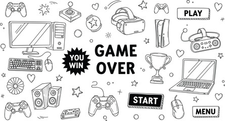 Gaming and Esports Doodle Set with PC Console VR Headset Controller and Game Over Typography in Hand-Drawn Style © MdJillur
