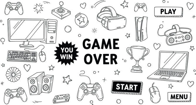 Gaming and Esports Doodle Set with PC Console VR Headset Controller and Game Over Typography in Hand-Drawn Style