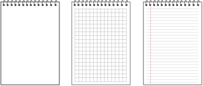 Realistic Spiral Notebook Paper Set with Blank, Lined, Dotted and Grid Pages Vector