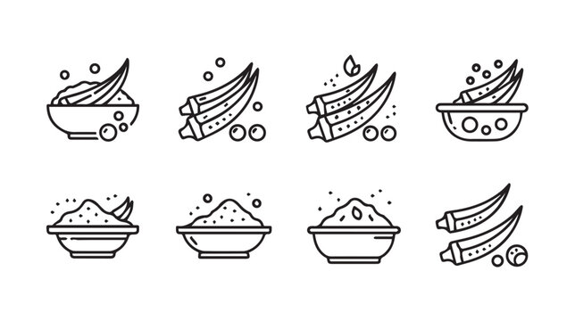 Okra Vegetable Ingredient Icons Set Line Art Food Vector Graphics