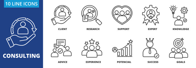 Consulting icon collection set. Containing Client, Research, Support, expert, knowledge, advice, experience, potensial, succes, goals icon. simple line vector. © Novary