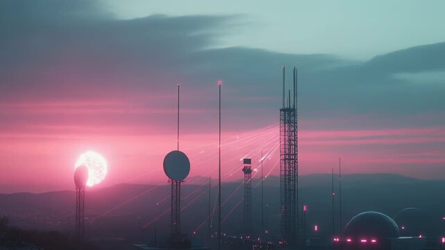 Communication towers and infrastructure on a hill transmitting data and energy with pink light beams against a vibrant sunset sky, creating a conceptual science fiction landscape