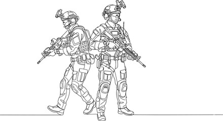 Soldiers in tactical gear walking side by side with guns military operation security and defense concept