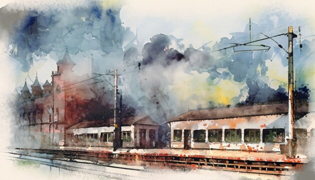  Vintage steam train departs from an old station platform