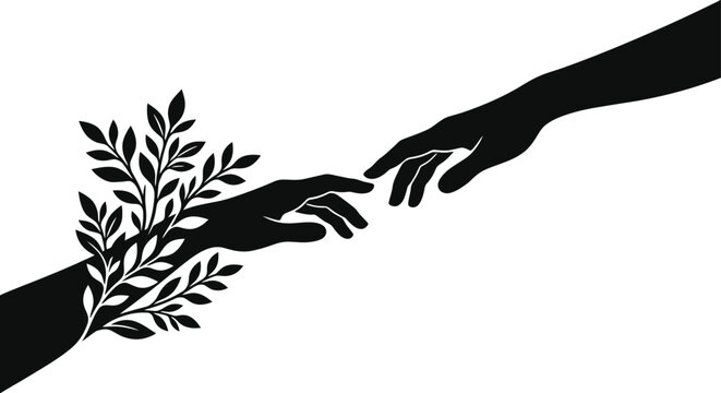 Two hands reaching out to each other with leaves on one hand in black silhouette on white background symbolizing connection and nature