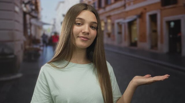 Teen girl in green shirt with hand palm up on street in urban alleyway presenting gentle gesture; serenity.
