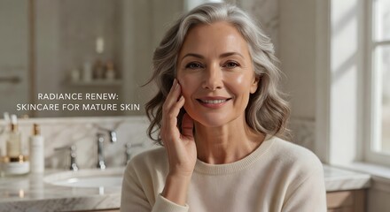 Fototapeta premium Senior Woman Applying Skincare Cream in Bright Bathroom