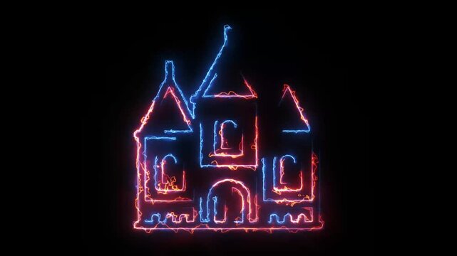 Animated haunted house outline with glowing energy effect on black background