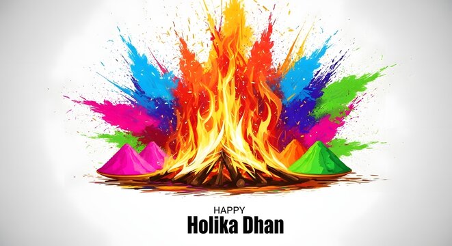 Vibrant holi celebration with holika dhan fire and colorful powders