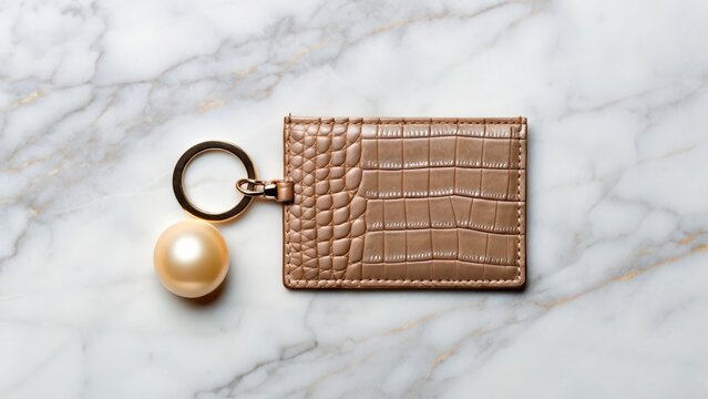 Card holder with keychain and pearl placed on a marble surface during daylight hours