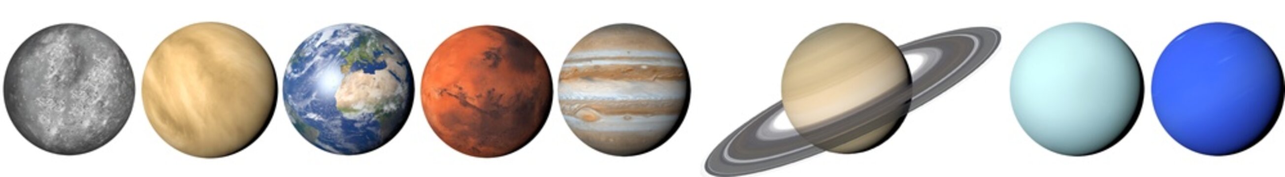 High-quality PNG illustration of all eight planets of the Solar System isolated on a transparent background, arranged in order from Mercury to Neptune.