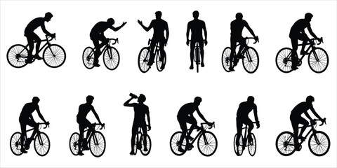 Obraz premium Collection of Cyclist Silhouettes in Different Poses and Actions Keywords: cyclist, bicycle, bike, silhouette, man, riding