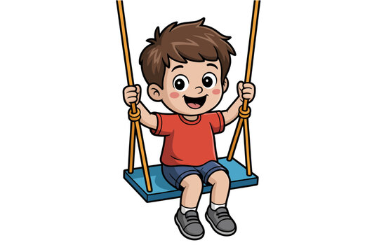 A happy cartoon boy swinging on a swing set with a big smile on his face