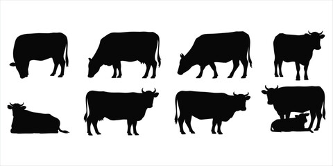 Collection of Black Cow Silhouettes in Various Poses on White Background cattle