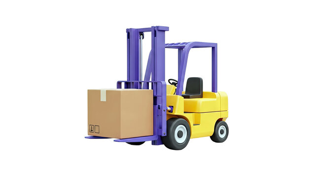 Yellow forklift with purple accents lifting a cardboard box