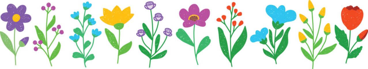 Cute hand drawn spring flower doodle set in bright pastel colors. Trendy playful vector florals for kids design, greeting cards, posters, stickers, social media, prints and cheerful branding.  © Jonal