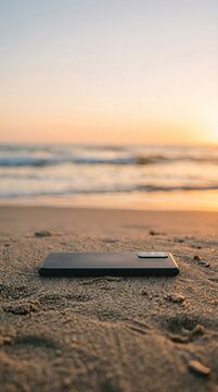 Digital detox concept with smartphone face down on sand at sunset, vertical