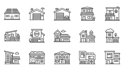 Collection of Various Buildings and Houses in Line Art Style