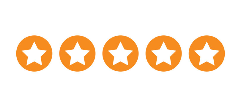 Five star rating icons in orange circle buttons. Orange five star rating icon set with circular flat customer feedback design.