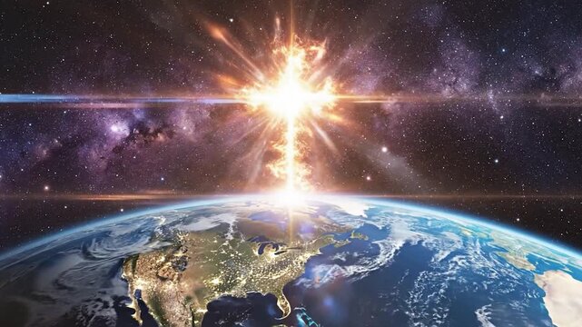 Bright golden energy burst illuminates planet earth and cosmic space background