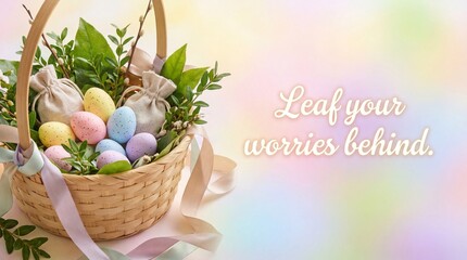 Easter basket filled with colorful eggs and greenery on pastel background  