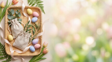Decorative Easter tray with pastel eggs and herbal elements  